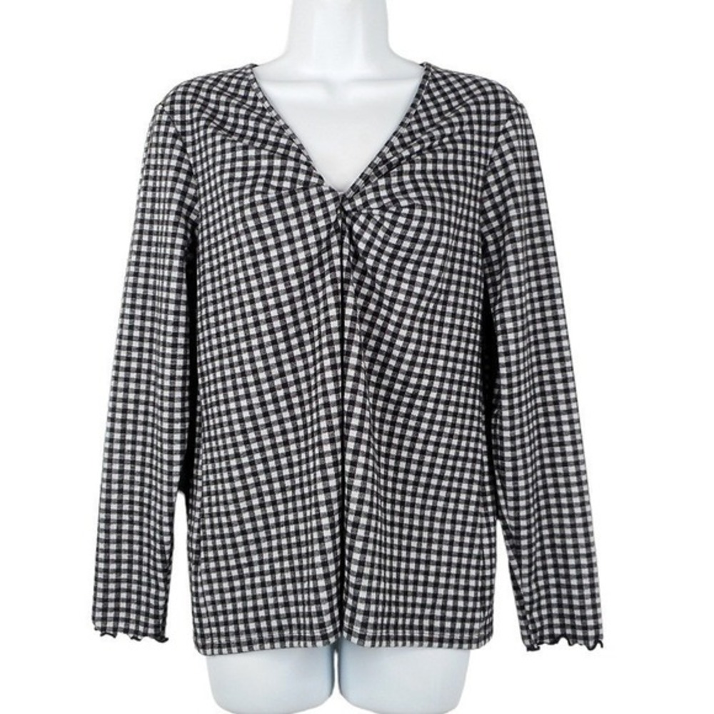 Old Navy Womens Top M Black White Twist V-Neck Long Sleeve Gingham Check‎ Casua